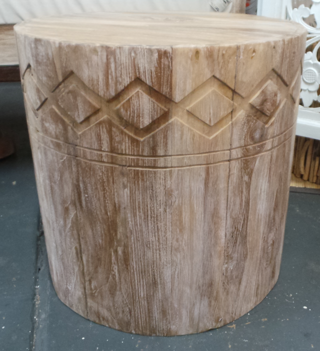 Recycled Teak Cylinder carved side Table 50cm x 50cm