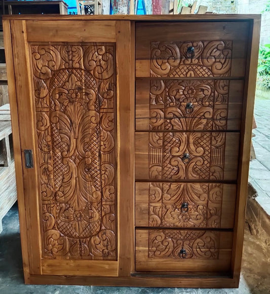 Recycled Teak Cabinet Carved sliding door 5 Drawer Natural finish