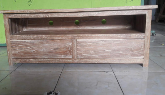 Teak Low 2 drawer TV cabinet with open shelf 125cm long (Creamwash)