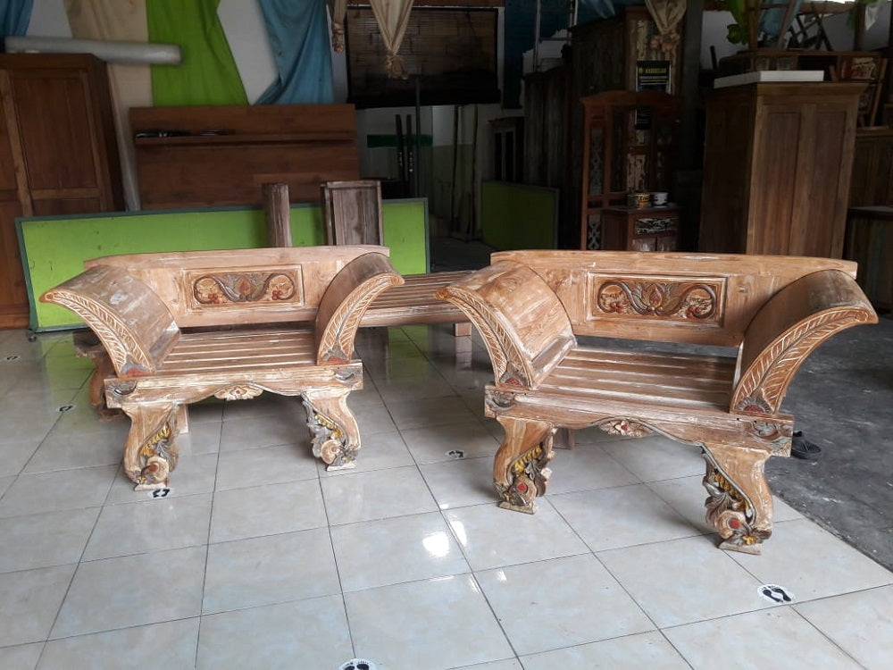 Kartini Ubud Handpainted Carved Detail Recycled Teak Daybed Single