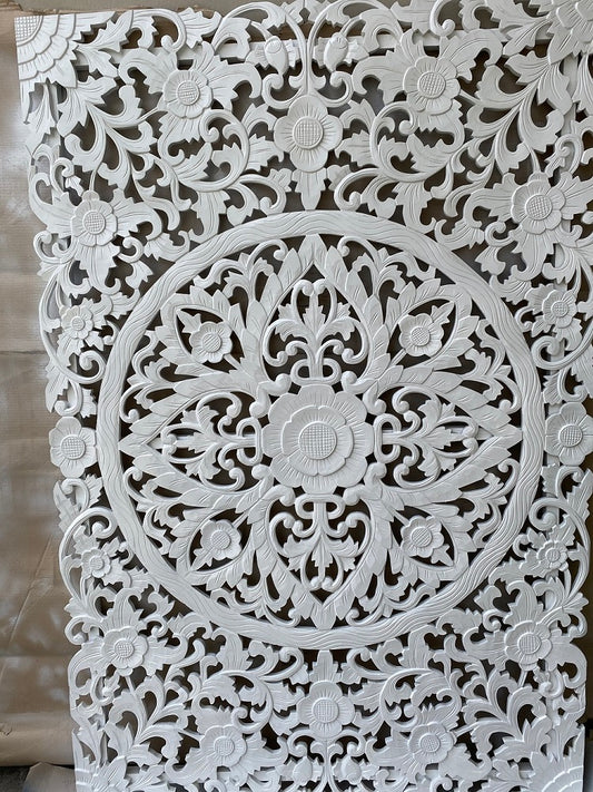Lotus pattern centre 180cmx 120cm white Boho Panel King Bedhead