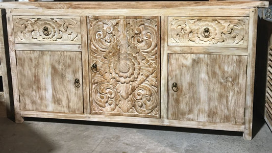 Sideboard teakwood with carving 3 door 2 Drawer 160cm (Creamwash)