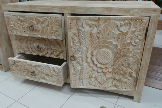 Low carved Recycled Teak 1 door 3 drawer cabinet creamwash