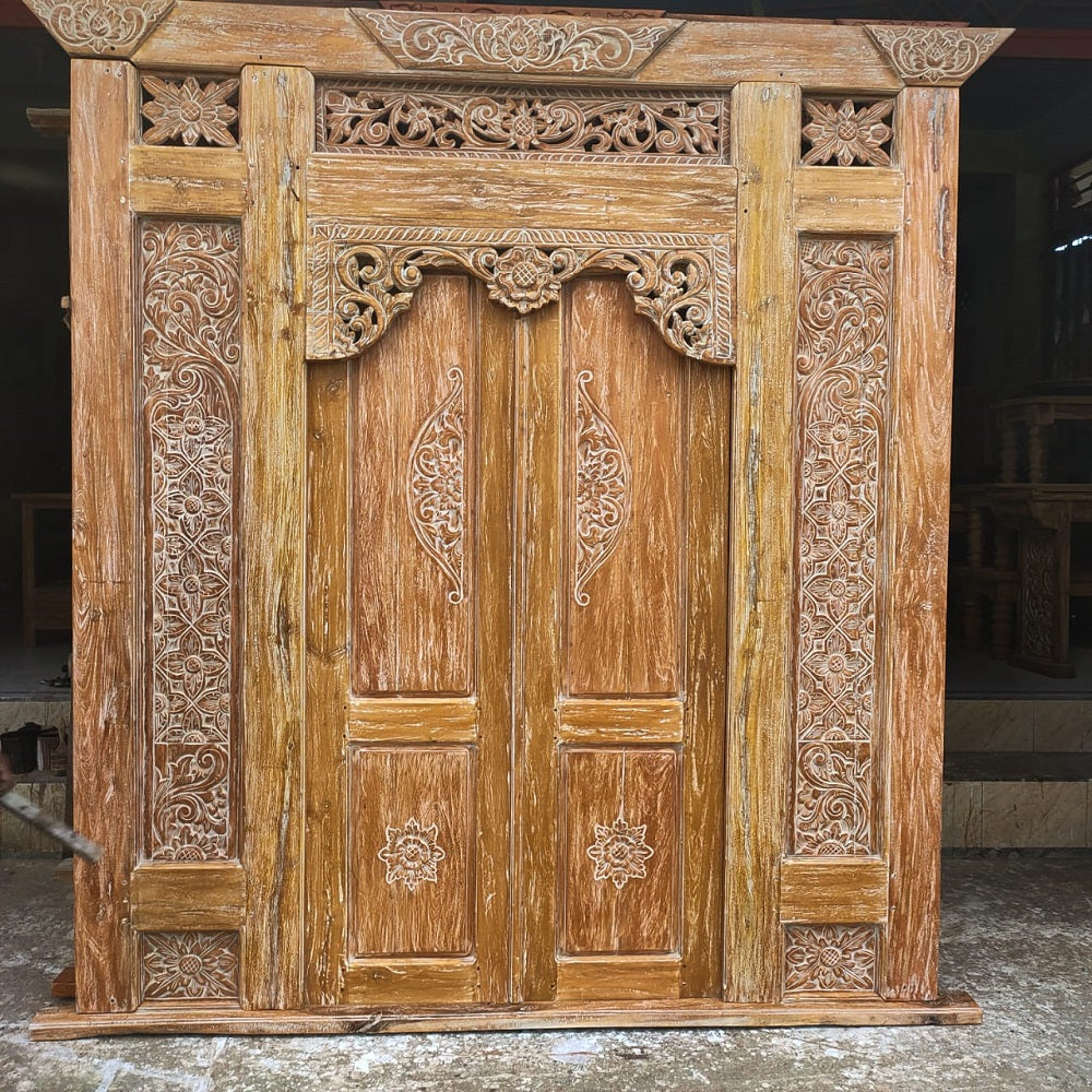 Recycled Teak Door dbl with side panels carved natural wash finish