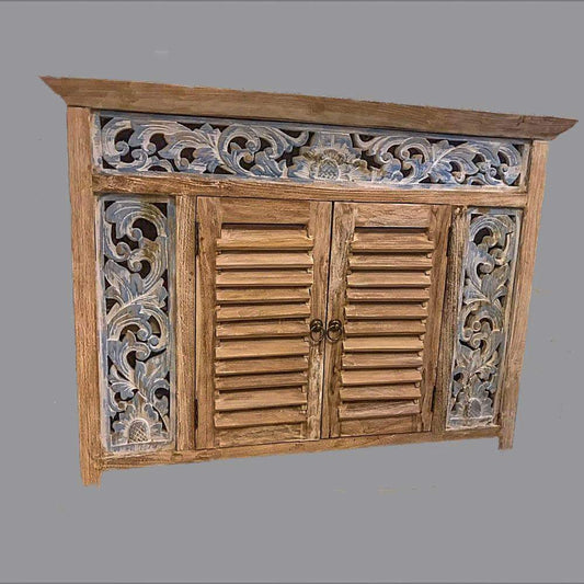 Blue/ Cream Washed Recycled Teak Louvre doors carved side panels cabinet