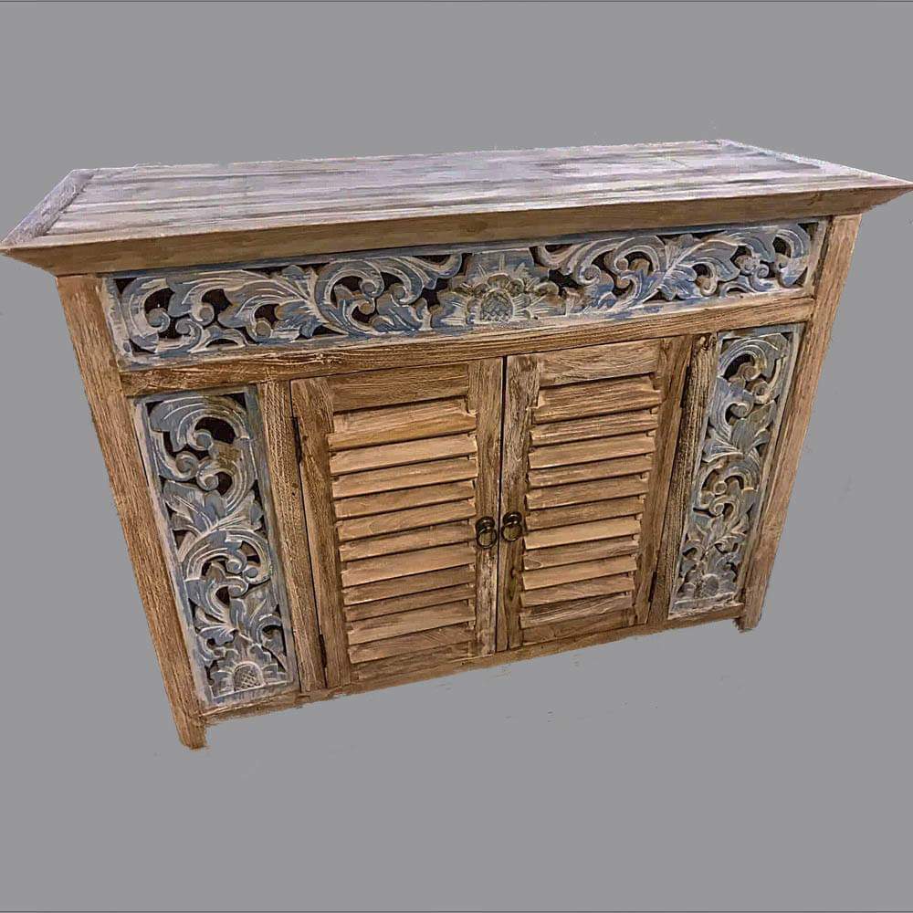Blue/ Cream Washed Recycled Teak Louvre doors carved side panels cabinet