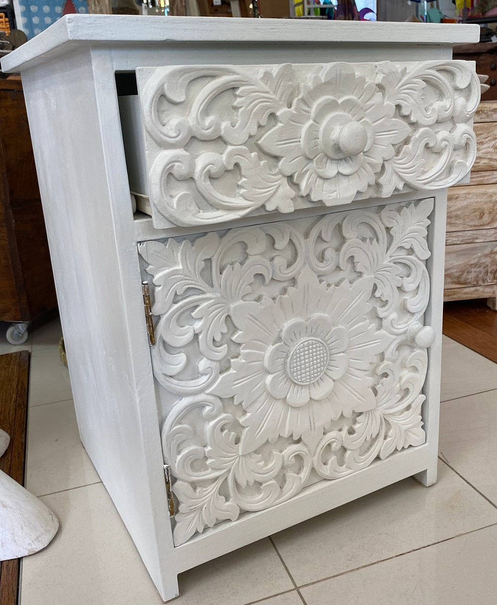 Teak Hand carved Bedside cabinet white