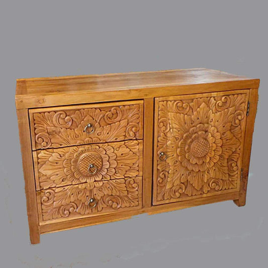 Low carved Recycled Teak  1 door 3 draw cabinet natural