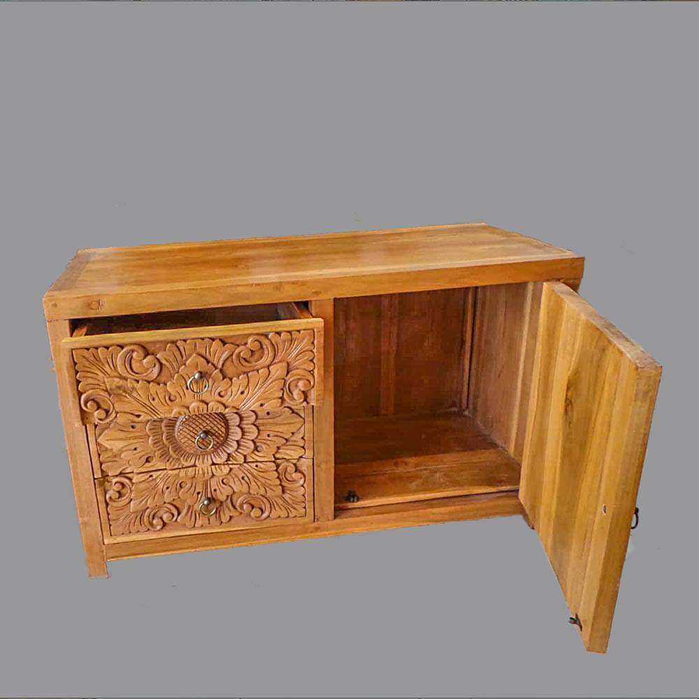 Low carved Recycled Teak  1 door 3 draw cabinet natural