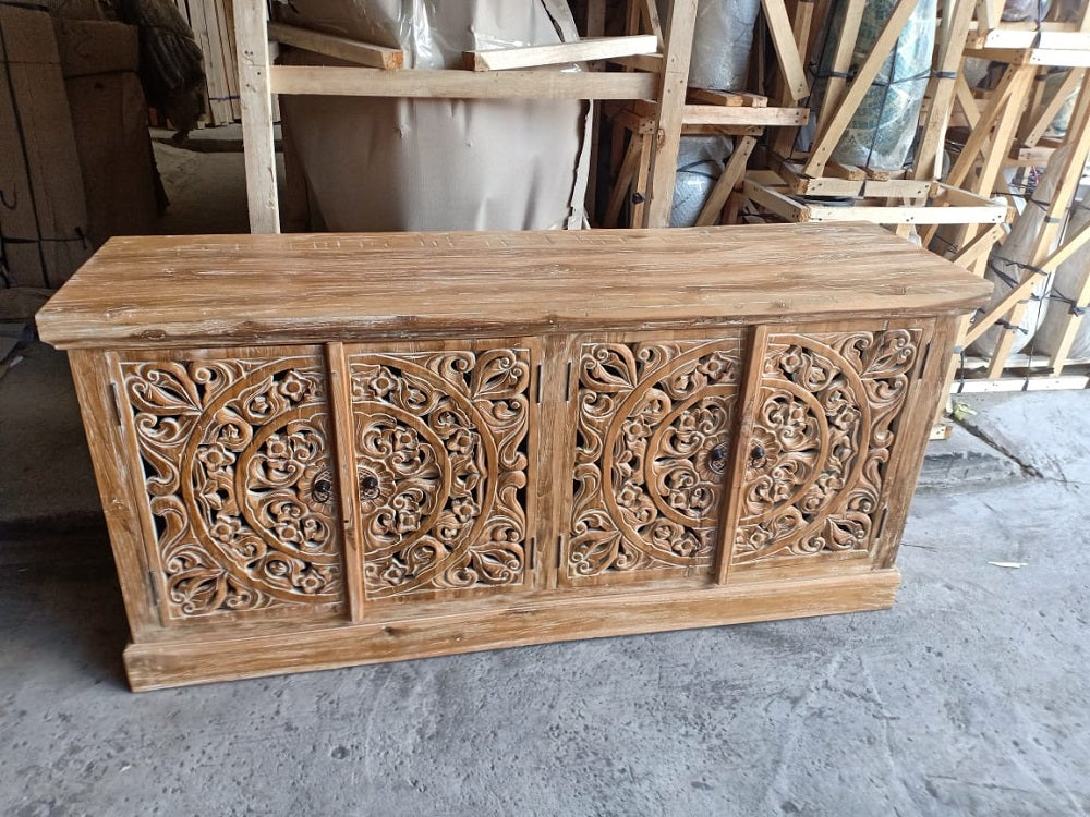 Toyo Sideboard/cabinet recycled teakwood with 4 handcarved doors natural wash 180cm length