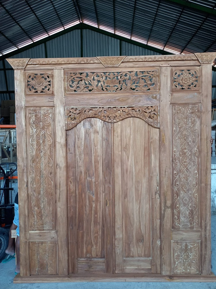 Recycled Teak Door dbl with side panels carved natural  finish