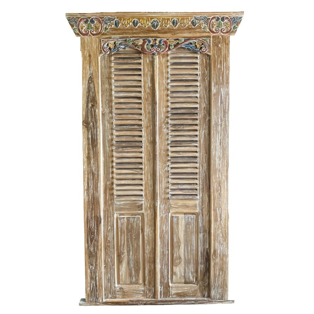Balinese Recycled Teakwood  Door Carved with Louvre panels