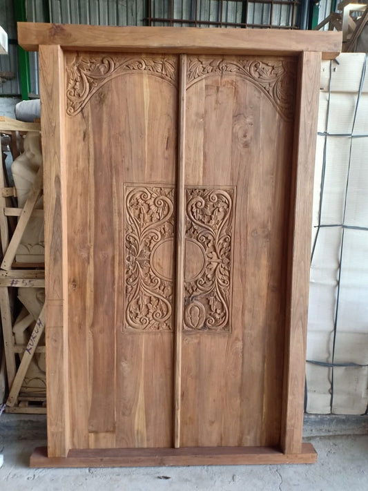 Balinese Natural finish Teak carved Temple door with frame.