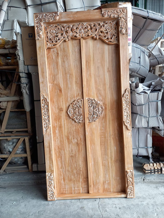Recycled Teak Door carving back and front with back wood lock Natural wash