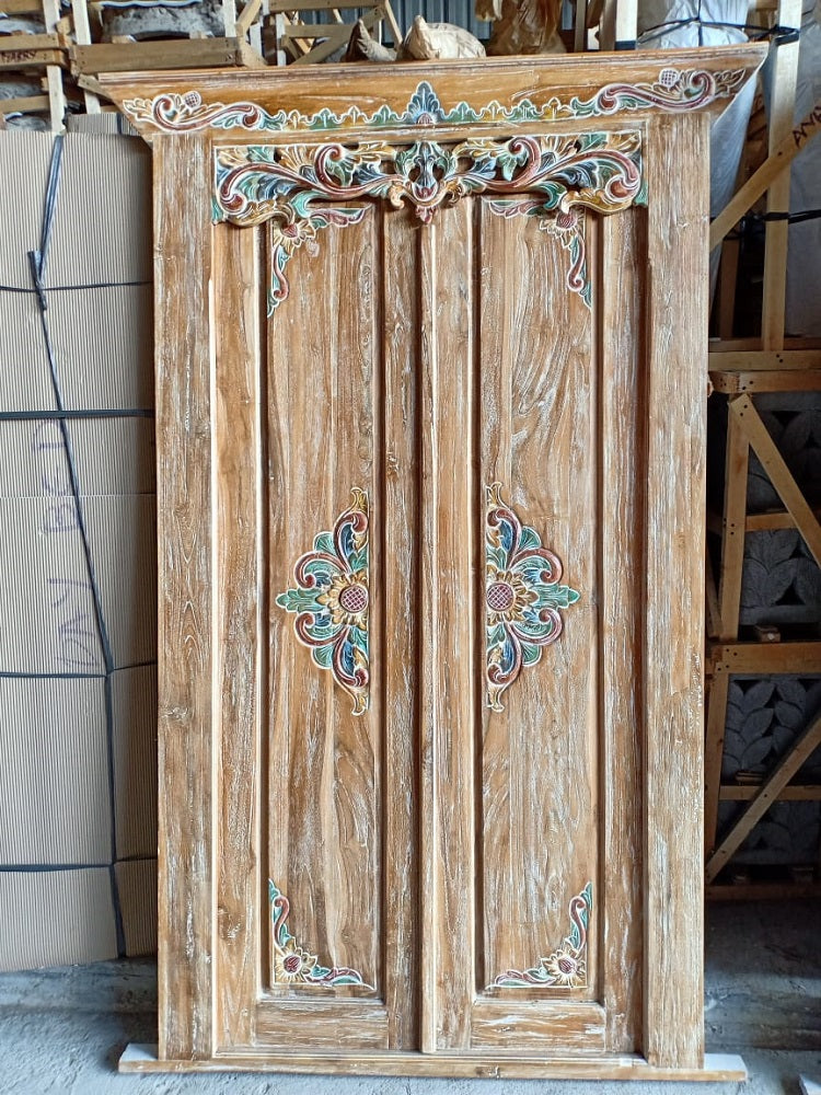 Balinese  Teakwood Door with hand Carved painted panels