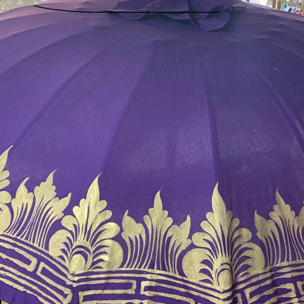 Large 2mtr round canopy Balinese umbrella printed, carved wooden 2 pce Pole