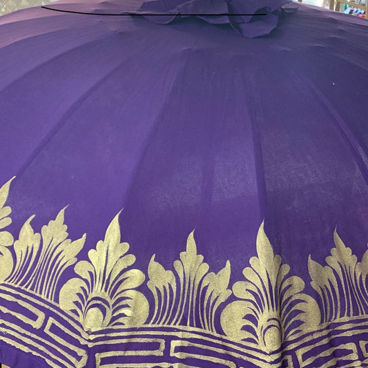 Large 2 mtr round Balinese umbrella printed, Carved wooden 2 pce Pole - Purple