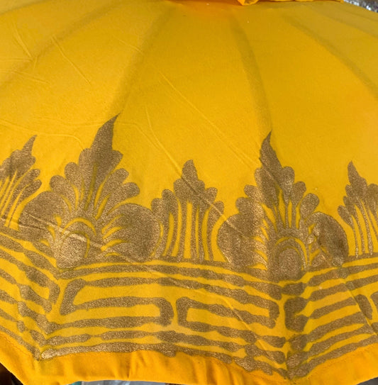 Large 2 mtr round Balinese umbrella printed, Carved wooden 2 pce Pole - Yellow