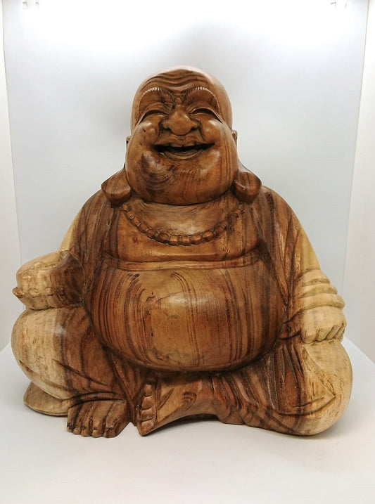 Wood handcarved Happy Buddha 22cm ht